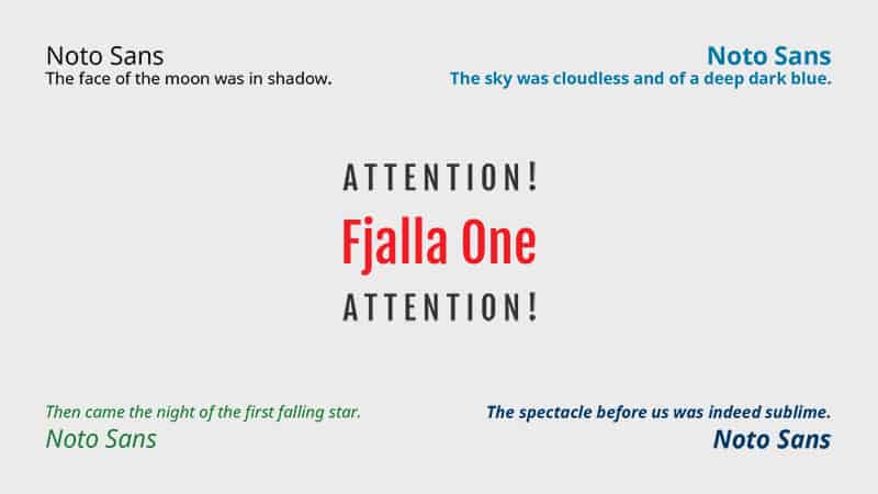 Google տառատեսակների համադրություն `Fjalla One- ն` Noto Sans- ի հետ