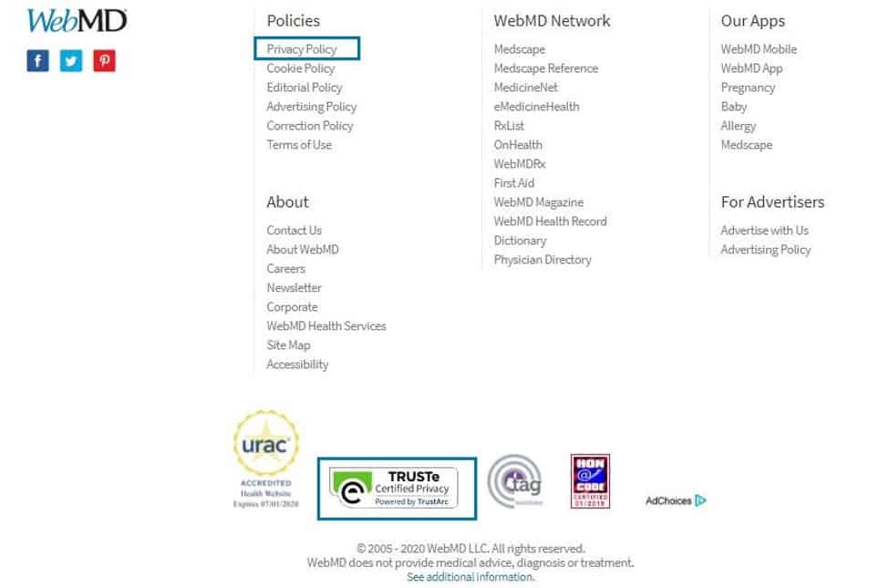 Esimerkki WebMD-verkkosivuston alatunnisteesta