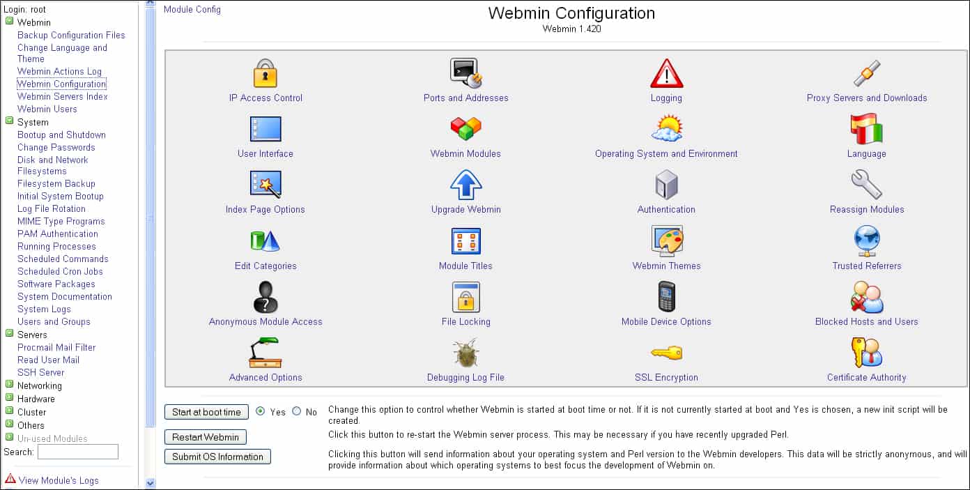 Capture d'écran de Webmin, une alternative populaire gratuite et open source à cPanel
