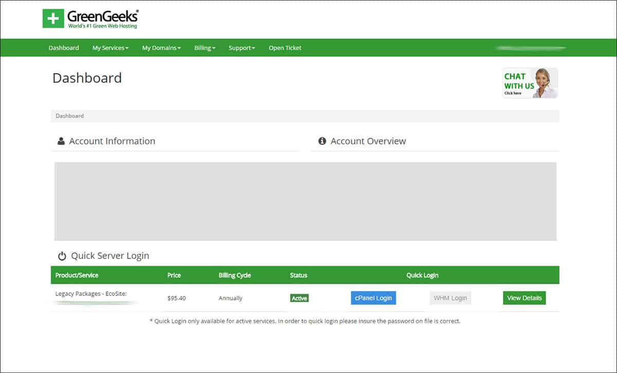 Capture d'écran du GreenGeeks AMP (Account Management Panel)