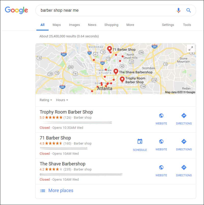Voorbeeld van Google Map Pack vir 'n plaaslike barbierwinkel