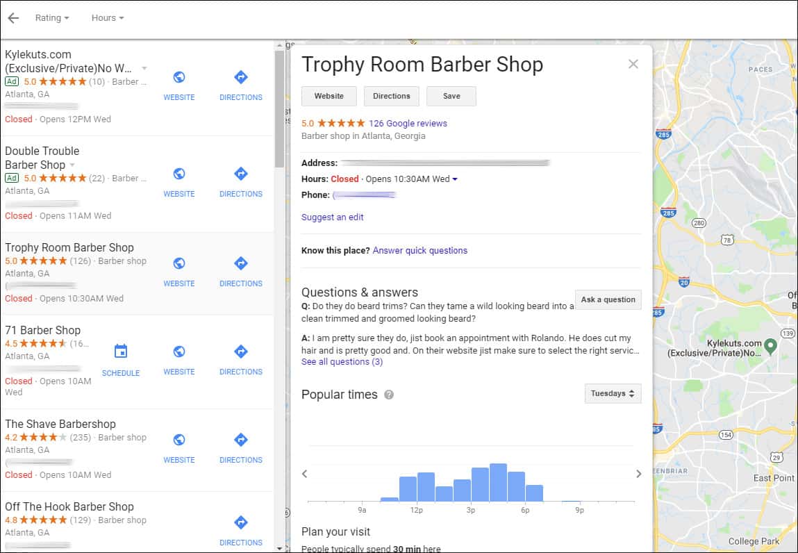 本地理发店的Google本地图和地图包结果