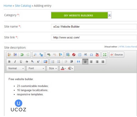 uCoz կայքի կատալոգ - Գրառումներ ավելացնելով